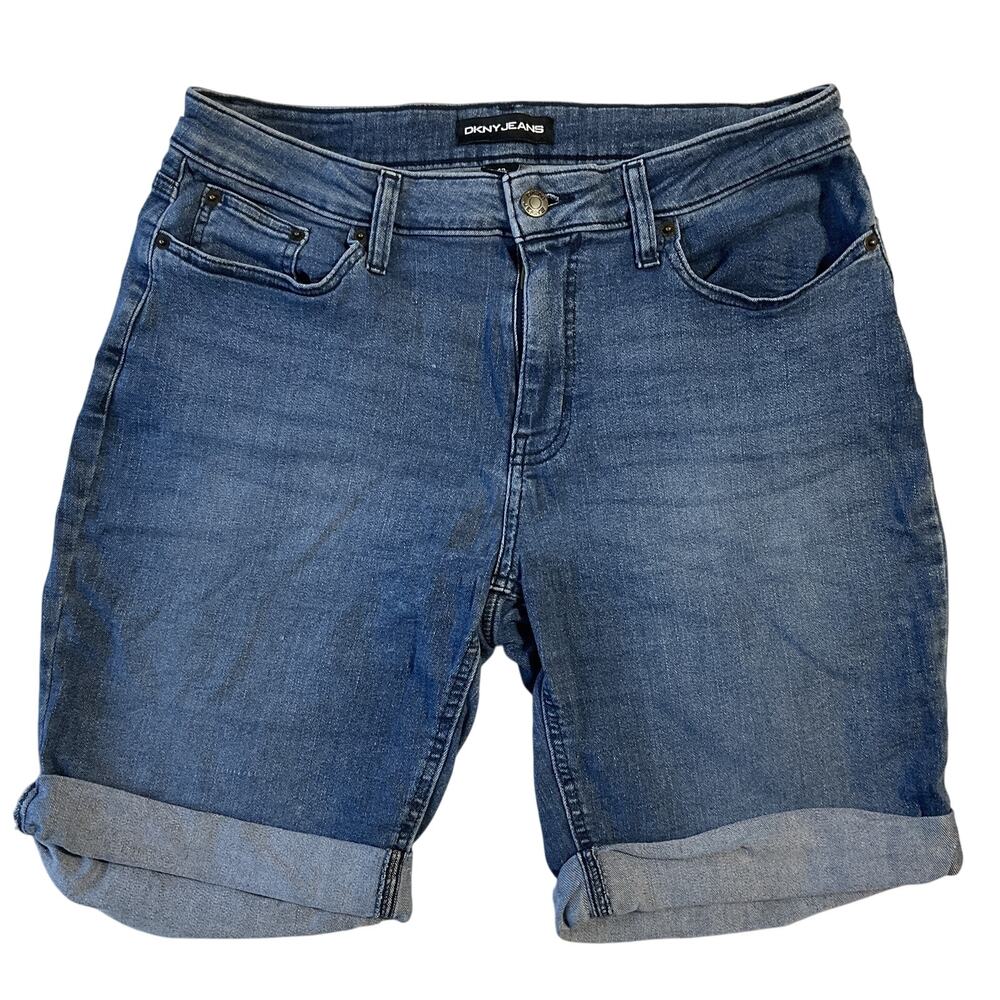 DKNY JEANS Women Shorts Size 12 Blue Denim Button 8" Inseam Bermuda Stretch